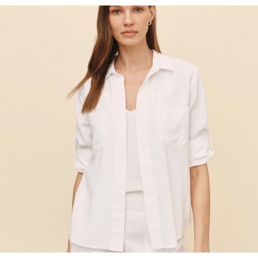 Bella Dahl White Tencel Roll Tab Split Back Button Down Shirt